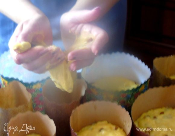 Руки присыпьте мукой и разложите тесто по формочкам, в форму кладите не больше половины, накройте формы легким полотенцем и дайте подойти.