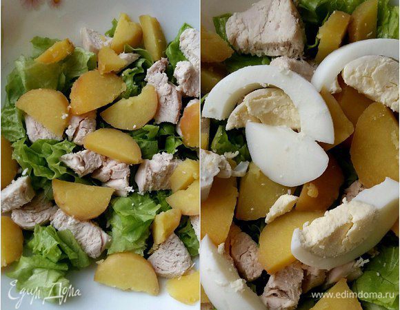 Добавить нарезанный картофель и куриные яйца.