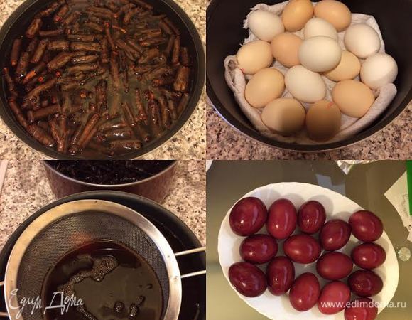 Затем залить 2-3 литрами воды, поставить на огонь, дать закипеть, уменьшить огонь и варить корни 40-50 минут. Отвар полностью остудить. В кастрюлю положить марлю, сверху яйца комнатной температуры и залить остывшим, процеженным отваром. Добавить соль и поставить на очень медленный огонь, довести до кипения и варить 15 минут.