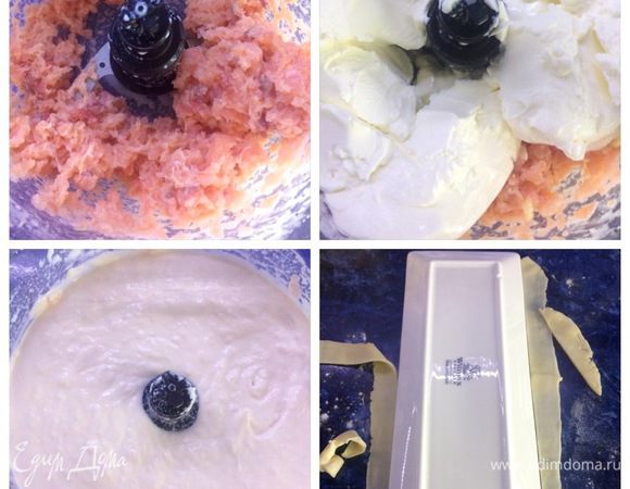 Рыбу измельчаем в блендере, добавляем творожный сыр, два зубчика чеснока, все тщательно взбиваем. Затем добавляем настоянные на рыбе сливки (рыбу из сливок также измельчаем), все еще раз взбиваем. Получился вкусный творожно-рыбный крем. Пробуем на количество соли, зависит это, конечно, от рыбы, если крем соленый можно добавить сливок и довести до вашего вкуса. Тесто достаем из холодильника и нарезаем на кусочки. Размер кусочков зависит от величины вашей формы. Я готовила прямоугольный торт. Изначально разрезала на 8 кусочков. В процессе обрезки коржей, получилось еще два дополнительных. Итого, у меня торт из 10 коржей размером примерно 28Х13 см. Можно также приготовить и круглый торт, тоже будет красиво смотреться. Раскатываем корж как можно тоньше и вырезаем нужной формы.