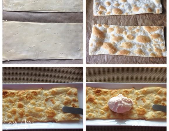 Выпекаем коржи в разогретой духовке до 180°C до золотистого цвета, остужаем.
Начинаем собирать торт, выкладываем корж на сервировочное блюдо и намазываем кремом, я крем не жалела.