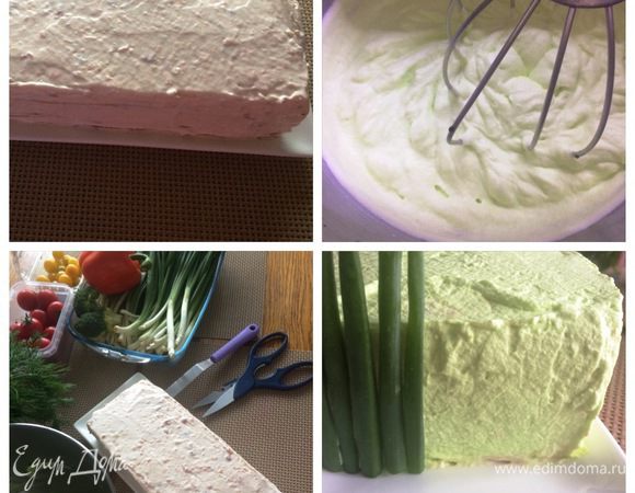 Собрав торт, обмазываем его кремом со всех сторон, отложив немного крема (3 ложки). Оставляем торт на столе примерно на час. Затем отправляем в холодильник на пропитку (у меня на ночь). На следующий день украшаем по своему желанию и фантазии. Я немного обрезала края, чтобы был более ровненьким и выровняла оставшимся кремом. Украшала торт я зеленым луком и помидорками черри желтого и красного цвета. Для того, чтобы лук держался, я взбила сливки 35%, добавила буквально каплю зеленого пищевого красителя и обмазала сливками торт.