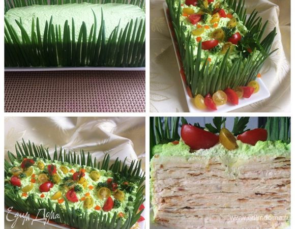 Перья молодого зеленого лука выкладываем по периметру торта, получился такой «заборчик». Выкладываем помидорки для яркости. Вот такой получился закусочный торт «Наполеон».