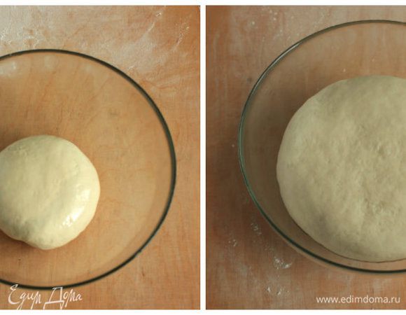 Большую миску смазать растительным маслом, положить туда тесто, перевернуть несколько раз, чтобы его поверхность тоже покрылась маслом. Накрыть и поставить в теплое место на 40–50 минут, пока оно не удвоится в объеме.