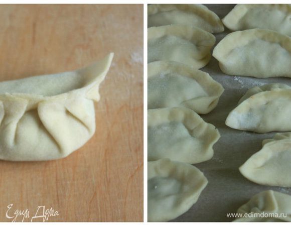 Дальше кто как желает сформировать продолговатый дим сам. Кто-то сначала просто склеивает эти две половинки, затем делает складки в 2 слоя, кто-то закладывает складки из «тыльной» части полумесяца сначала с одной стороны, затем с другой по направлению к середине. Вот слева показываю тыльную сторону.