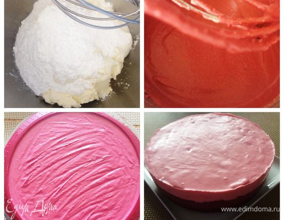 Смешать сыр Маскарпоне со сметаной и сахарной пудрой, взбить. Затем по очереди добавляем яйца по одному, после каждого взбиваем до объединения смеси. Следом какао, ванильную эссенцию (я заменила на ванильный сахар, не люблю эссенцию) и красный пищевой краситель, также взбиваем после каждого добавленного ингредиента. Творожная начинка готова. Достаем форму из холодильника и на основу выкладываем творожную начинку. Отправляем форму в разогретую до 180°C духовку и выпекаем чиз минут 40-45 (я выпекала на водяной бане). Готовый чиз я оставила охлаждаться в духовке с приоткрытой дверцей. Остывший чиз отправить в холодильник часа на 2.