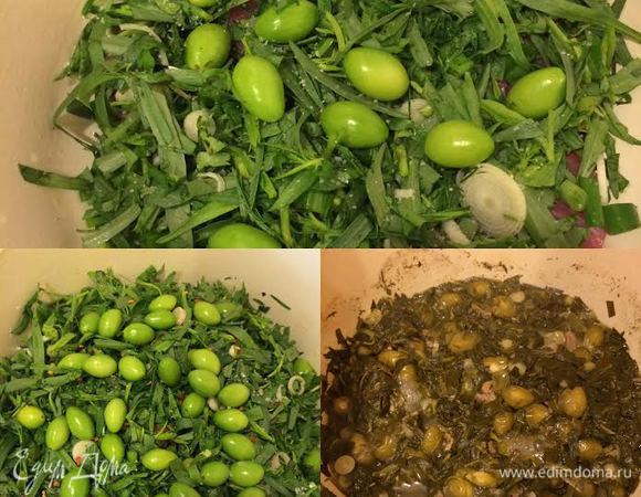 В кастрюлю с толстым дном добавить масло. Затем начать слоями укладывать в кастрюлю сначала мясо, затем зелень, ткемали, соль, потом опять мясо, зелень, ткемали и соль. Так у нас получится 2-3 слоя мяса и 2-3 слоя зелени. В конце посыпать перцем и залить вином. Накрыть крышкой, довести до кипения, затем уменьшить огонь и варить до готовности мяса не перемешивая!