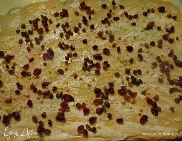 Смазываем тесто мягким маслом, посыпаем орехами, клюквой и изюмом.