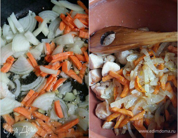 Обжарить лук с морковью. Уложить на куриное филе.