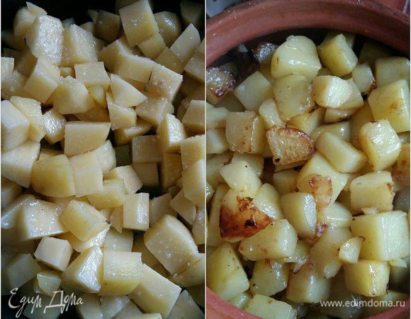 Картофель обжарить и также переложить в горшочек.