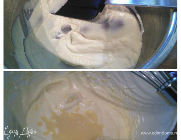 Для крема нужно растопить шоколад любым способом. Маскарпоне желательно вынуть заранее из холодильника. Яичный ликер смешать с шоколадом, взбить венчиком, чтобы не было комочков. Эту шоколадную массу взбить на малых оборотах с маскарпоне. Поставить крем в холодильник, если вам покажется, что он жидковат. 