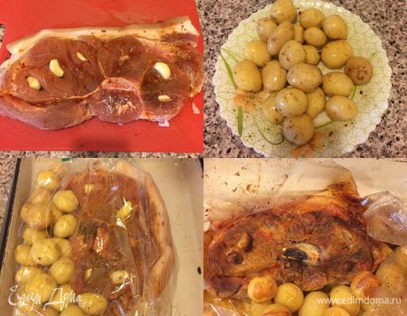 Мясо натереть солью, аджикой и сванской солью со всех сторон. Сделать надрезы и нашпиговать чесноком. Полить уксусом, завернуть в пищевую пленку и отправить в холодильник на ночь. За час до готовки достать мясо из холодильника. Духовку нагреть до 190°С. Молодой картофель смазать сванской солью, маслом. В рукав для запекания сложить мясо, картофель и запекать до готовности.