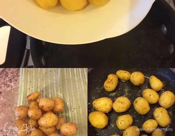 Молодой картофель отварить 4-5 минут в кипящей подсоленной воде, затем слить воду, переложить картофель в миску, добавить специи, масло, перемешать и обжарить до готовности.