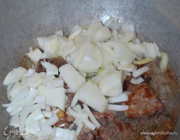 Кладем лук, на сильном огне очень хорошо обжариваем лук.