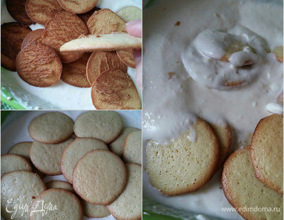 Полностью окунаем в крем. Пока они пропитываются, мы выкладываем на противень следующую порцию лепешек теста. Ставим противень в духовку.