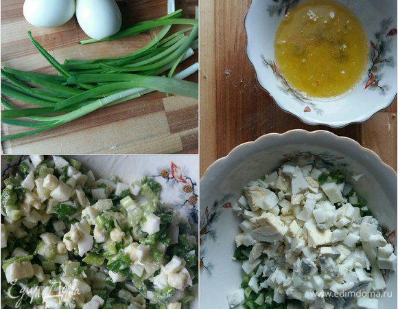 Яйца и зеленый лук нарежем мелко. Смешаем. Растопим сливочное масло и добавим к смеси из лука и яиц. Посолим. Перемешаем. Начинка готова.