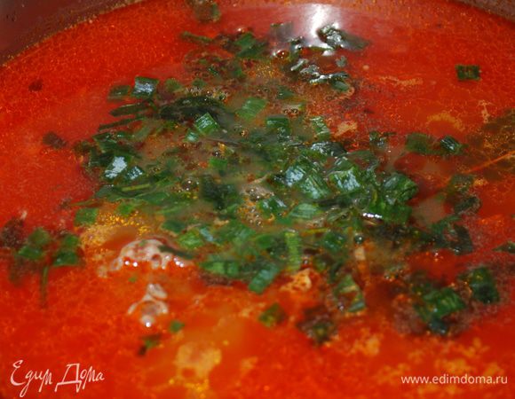 Добавляем зелень, у меня зеленый лук и кинза. Даем настоятся.