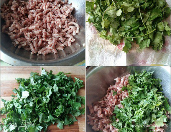 Берем фарш. У меня уже была заготовка из свинины и говядины (пополам). Говяжий фарш в чистом виде мы не любим,  а в целом можно использовать и такой. Зелень промоем под проточной водой, высушим на бумажном полотенце, мелко порежем и добавим в миску к фаршу. Перемешаем.