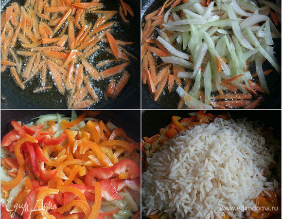 По очереди обжариваем на сковороде каждый овощ в течении 3–5 минут. Добавим к готовым овощам рис.