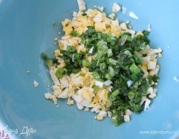 Яйца отварить и мелко порубить, добавить к ним обжаренный лук, посолить и поперчить.
