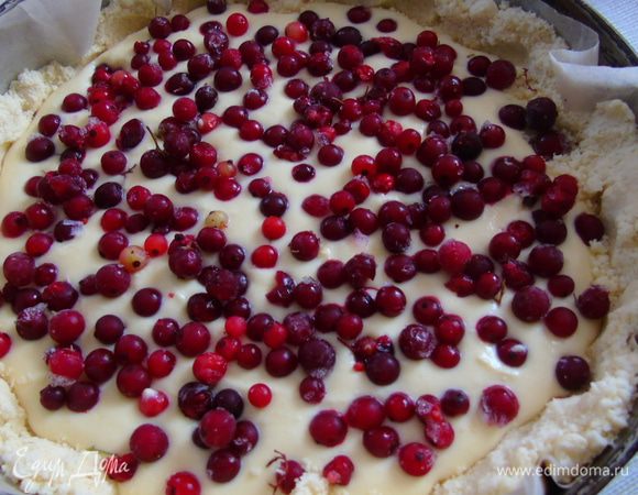Вылить начинку, сверху насыпать смородину.