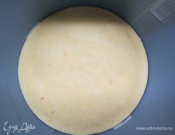 Я собирала торт в кольце диаметром 18 см. Выкладываем в кольцо наш корж диаметром 18 см. Бока кольца прокладываем тортовой пленкой (у меня роль тортовой пленки играет плотный файл, который я разрезала на полосы).