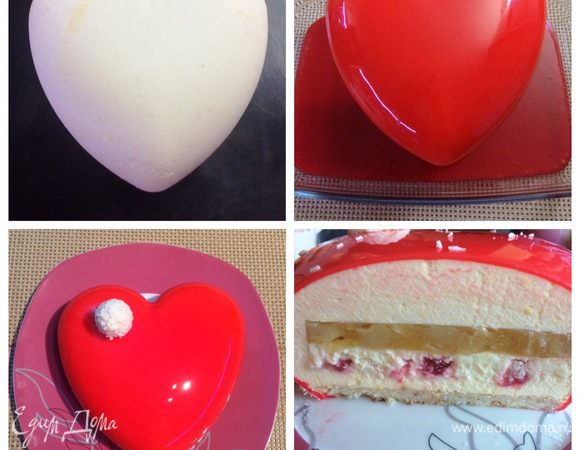 Замороженный торт покрываем зеркальной глазурью. 
Зеркальную глазурь готовила аналогичную, как в рецепте (см. ссылку), только с белым шоколадом и подкрашивала красным красителем. https://www.edimdoma.ru/retsepty/90818-tort-muss-tiramisu-s-zerkalnoy-glazuryu.
