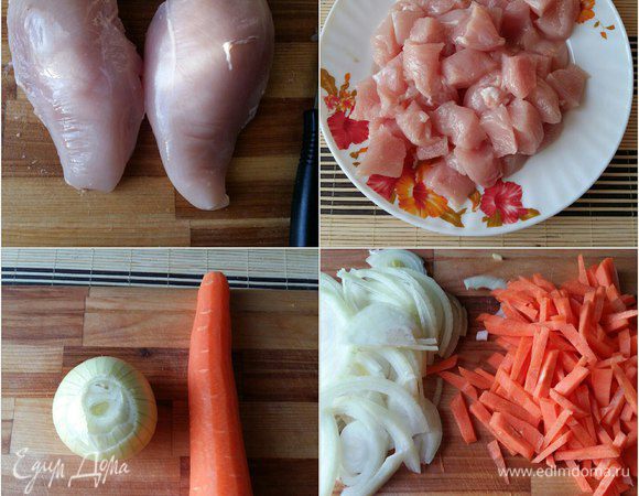 Теперь начинаем основной процесс приготовления плова. Берем мясо, нарежем кубиками среднего размера, впрочем на вкус размер мяса не влияет, поэтому, если вы любите крупные куски в плове, пожалуйста, пускай будут большие :), лук режем полукольцами, морковь соломкой. 