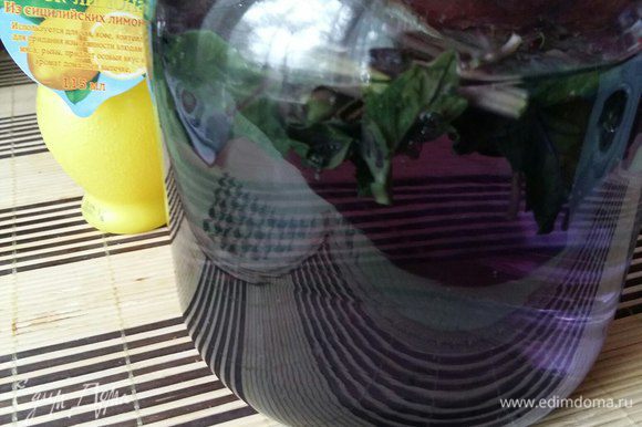 Залить кипятком базилик (1,2-1,5 литра) и оставить на 30 минут настаиваться. Вода постепенно будет менять цвет от бледно-фиолетового до черничного.