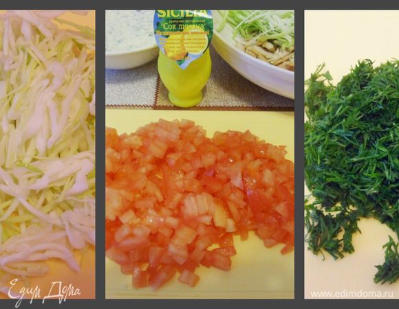 Нарежем свежий огурец соломкой, молодую капусту — узкими длинными полосками, помидоры — кубиками, репчатый лук — лепестками и зелень.