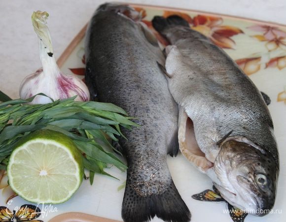 Рыбу почитстите, выпотрошите, удалите жабры. Посолите и поперчите внутри и снаружи. В брюшко положите несколько веточек тархуна, несколько пластинок чеснока и пару долек лайма. Оставьте рыбу в холоде на 30 минут.