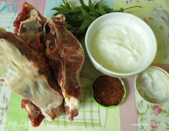 Подготовим баранину, мяту, кефир и специи. В качестве специй — смесь, как-то привезла из Грузии (на вопрос продавщице — «Что это?», получила  исчерпывающий ответ — для всего, для аджики, шашлыка, что я глупости спрашиваю :), основной компонент — красный перец молотый.