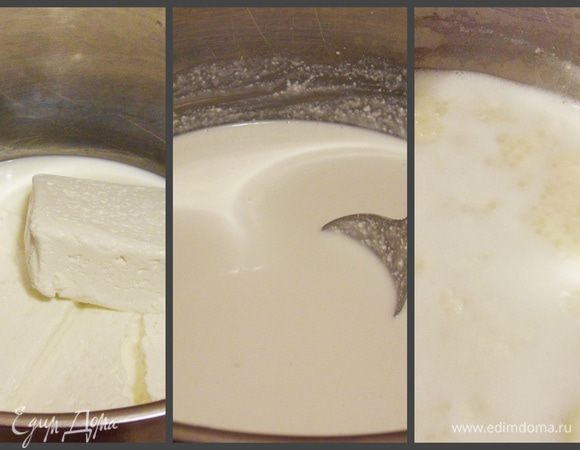 В кастрюлю с толстым дном (в идеале — казан) положить творог, налить молоко и ряженку. Тщательно перемешать. Варить на среднем огне. Вскоре смесь начнет створаживаться.