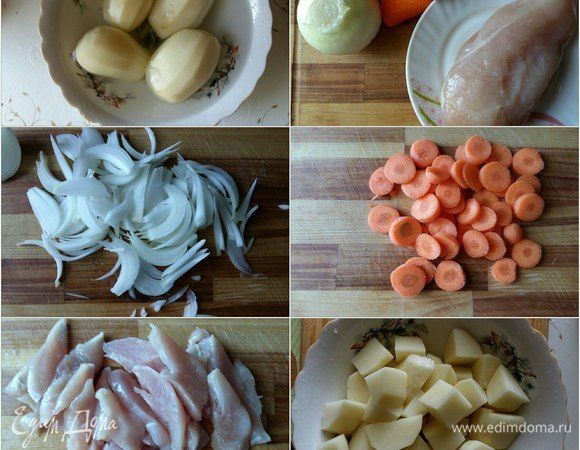 Подготовим для рагу продукты. Почистим и порежем кусочками картофель, морковь я указала 2 шт., имела ввиду, если она обычного размера, но у меня была мини-морковь, я взяла таких 4 шт. Порежем морковь колечками, репчатый лук перышками. Куриное филе нарежем длинными полосочками.