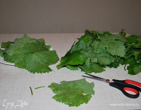 Моем виноградные листья, обрезаем ножки.