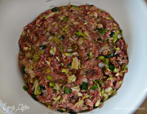 К фаршу добавить измельченный лук с капустой, чеснок, имбирь, сок лимона, соевый соус, рыбный соус, рисовый уксус (японцы добавляют еще и немного саке). Приправьте перцем и хорошо перемешайте. При необходимости посолите.