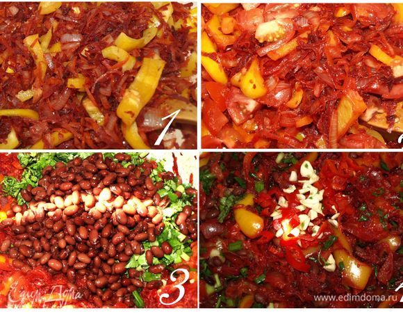 Все тушить под крышкой. Сковороду разогреть, добавить растительное масло, накалить. Добавить лук, свеклу и морковь. Тушить на среднем огне 15 минут. Добавить сладкий перец и тушить 10 минут. Добавить нарезанные помидоры и тушить 10 минут. Добавить зелень и фасоль. Перемешать и тушить 5 минут. Добавить острый перец и чеснок. Тушить 5 минут. Добавляем 100 мл воды. Добавляем соль, черный перец по вкусу.