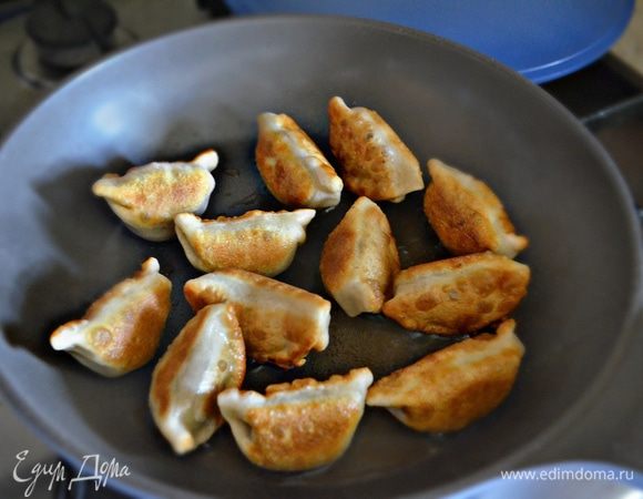 Затем влейте немного кипятка (вода должна покрыть гедза на 1/4–1/3, не больше), закройте крышкой и продолжайте приготовление до тех пор, пока вся влага не выкипит.