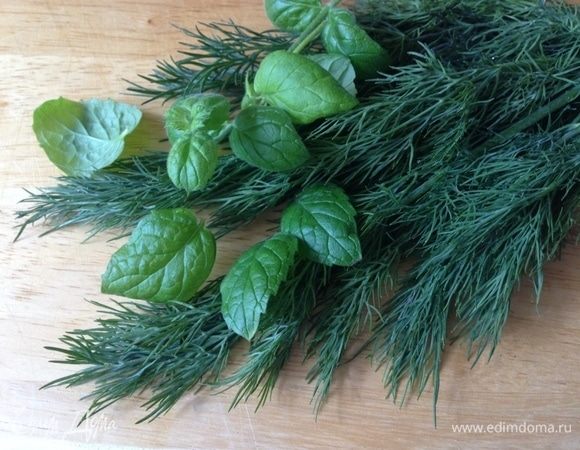 Мяту и укроп помыть, обсушить и мелко порубить. Количество мяты можно отрегулировать по своему вкусу. Я люблю, когда мяты много.