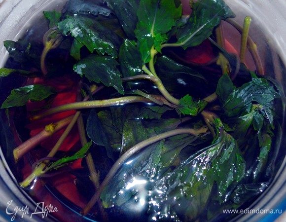 Тщательно вымыть все составляющие, кроме конечно, сахара. Закипятить воду и выключить ее. Залить кипятком фиолетовый базилик, оставить его под закрытой крышкой примерно на 15 минут до окрашивания воды в фиолетовый цвет.