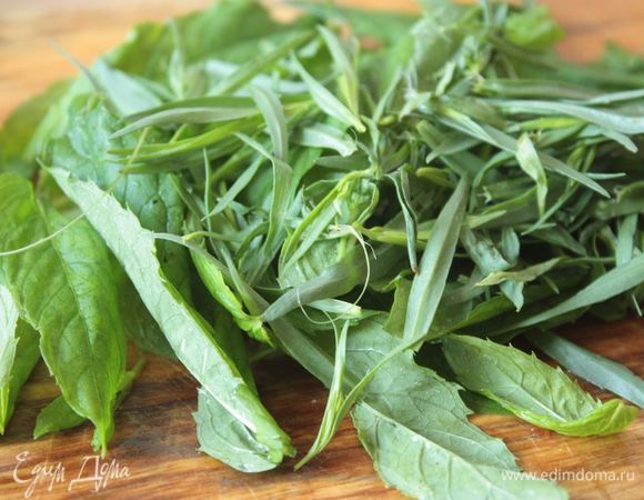 Отделите листы мяты и тархуна от веточек и разделите в пропорции 1:2. Одну часть порвите на крупные кусочки. Вторую часть измельчите как можно сильнее.