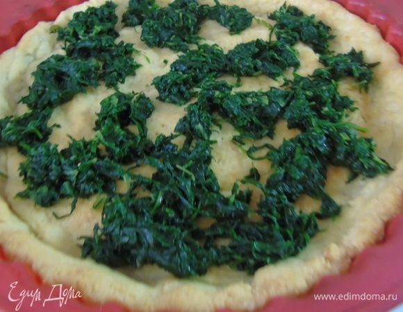 На пропеченный корж положите шпинат.