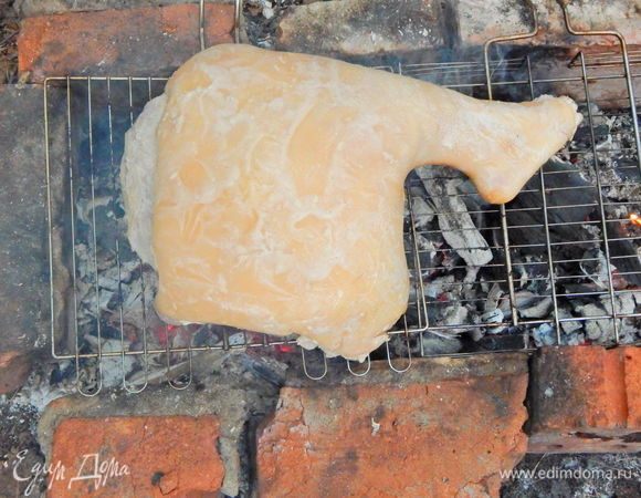 Приготовьте угли. Ногу нашпигуйте чесноком. Жарить будем на решетке. Выкладываем ногу на решетку и жарим со всех сторон.