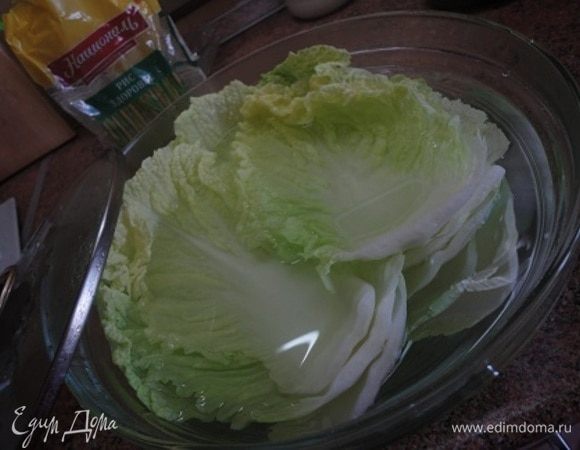 Капусту разберите на листы и залейте кипятком. Оставьте на 5 минут.