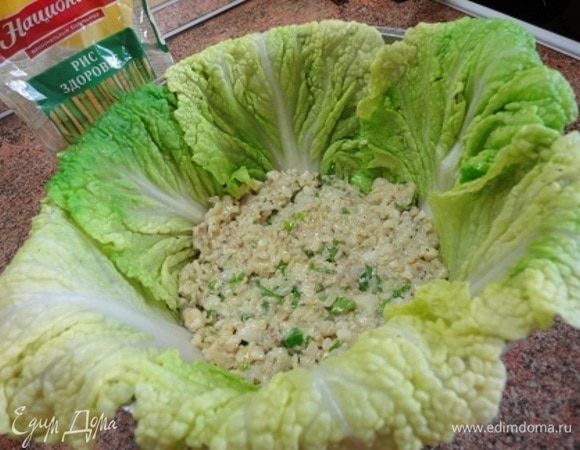 Жаропрочную форму смажьте сливочным маслом и выложите листьями капусты. Затем выложите слой начинки. Чередуйте капусту и начинку. Верхним слоем должна быть капуста.