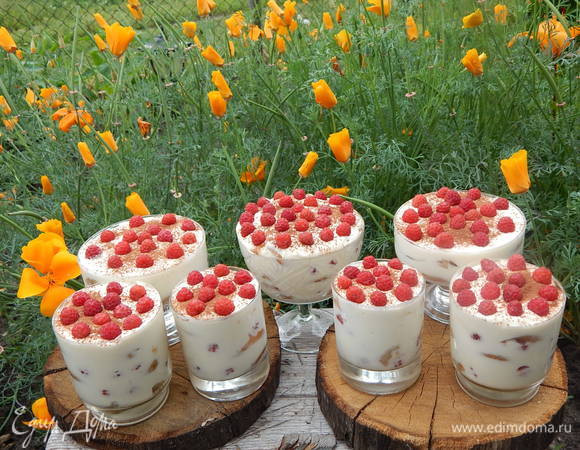 Готовый десерт присыпать через ситечко какао и украсить малиной.