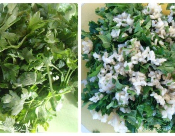 Мяту и петрушку вымыть,высушить и нарезать. Добавить к рису,перемешать