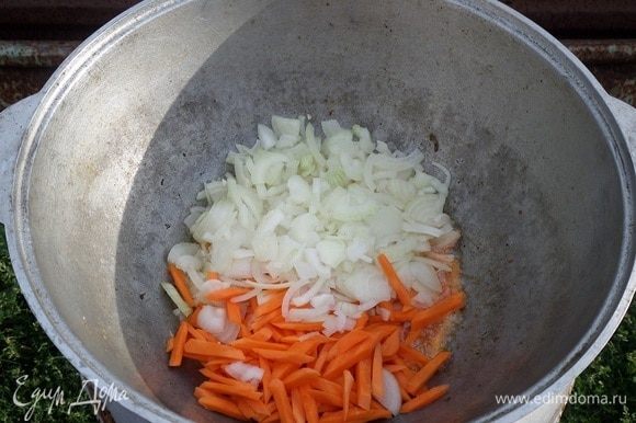 В оставшееся от жарки рыбы масло выкладываем лук и морковь. Перемешиваем.