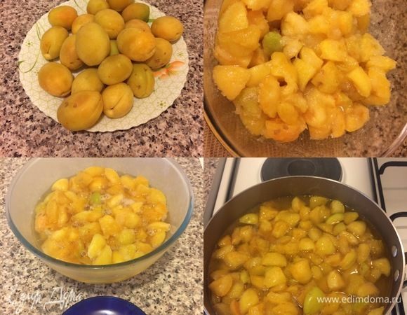 В ингредиентах указан вес абрикос без косточек. Абрикосы вымыть и нарезать кубиками. Переложить в миску, засыпать сахаром, добавить цедру, перемешать, накрыть пленкой и отправить в холодильник на 6-8 часов. Затем переложить в кастрюлю с толстым дном.