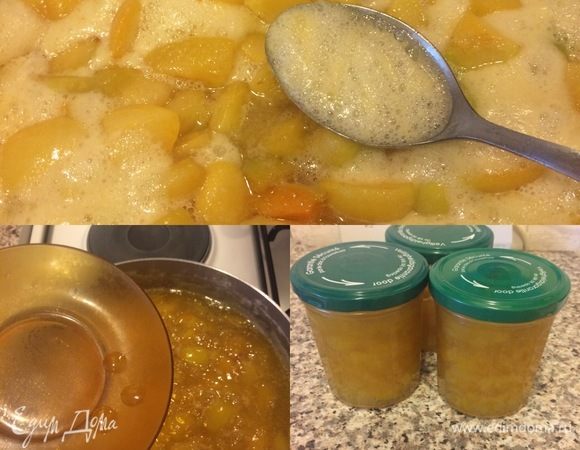 И на медленном огне довести до кипения (периодически снимая пену). Варить джем, помешивая до готовности 50-60 минут. Готовность я проверяю так: каплю джема кладу на холодное блюдце, если капля застывает и на поверхности появляется глянцевая пленка, джем готов. В готовый джем добавить сок лимона, перемешать, подержать на огне 1-2 минуты и снять с огня. Горячий джем разлейте по стерилизованным банкам и сразу закройте крышкой.